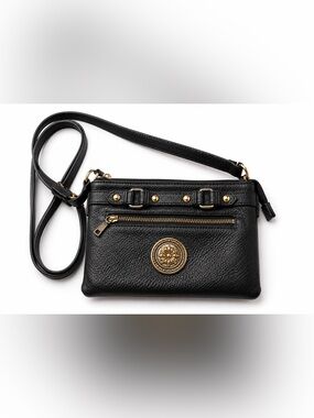 Brighton Black Leather Crossbody with Gold Medallion